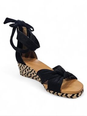 UGG Black Yarrow Espadrille Ankle-Tie Chevron Wedge Sandals, Size 9.5M